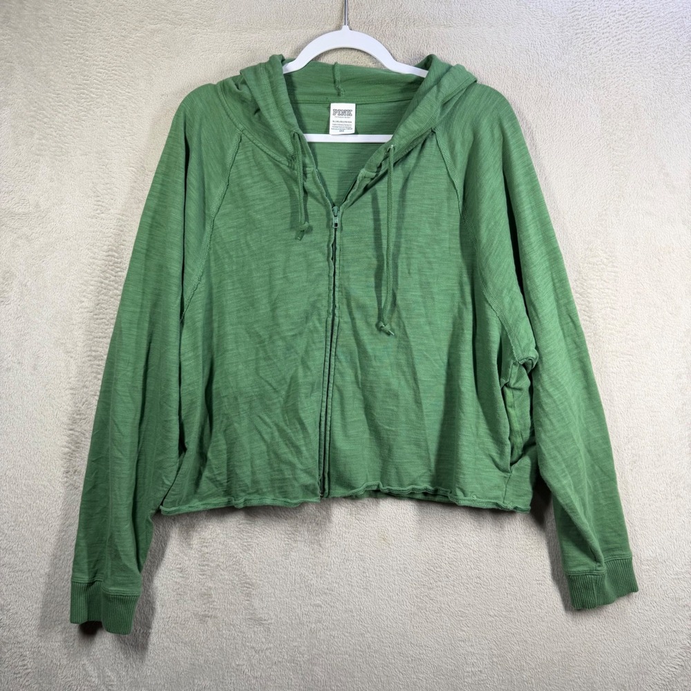 Pink Victoria's Secret Hoodie Women XL Green Slouchy Raw Hem Cropped Zip Up